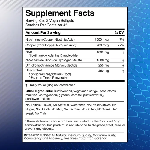 Vista 3 de Suplemento liposomal NAD+ - Cápsulas blandas NAD Nicotinamida Riboside Resveratrol - 2500mg Suplementos liposomales NAD para mujeres - Apoyo al