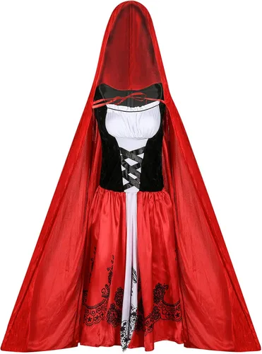 Vista 7 de HGps8w Disfraz de capucha roja para mujer, disfraz de Halloween gótico, anime, cosplay, capa de cuentos, vestido de princesa, 01 Negro