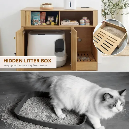 Vista 5 de YIDIXIS - Caja de arena oculta grande para gatos con estación de carga, evita que la arena para gatos se lleve a cabo, muebles modernos para gatos
