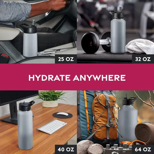 Vista 7 de Botellas de agua de acero inoxidable con triple aislamiento con pajilla, botellas de agua reutilizables aisladas de 25 onzas con 3 tapas, botella