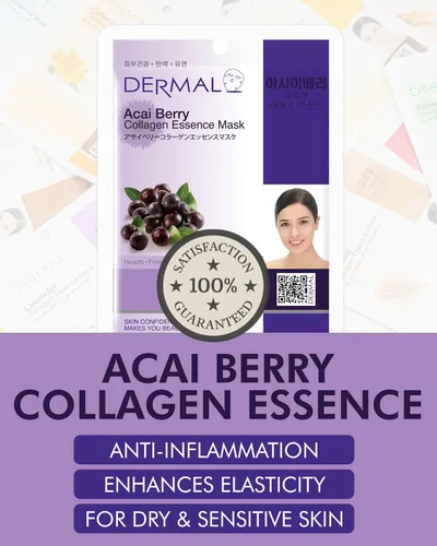 Vista 2 de DERMAL Acai Berry Collagen Essence - Mascarilla facial de 0.81 onzas (0.81 oz), paquete de 10 unidades – Hidratante y reafirmante mantiene la piel