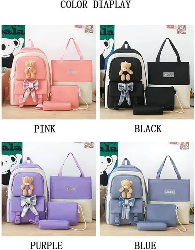 Vista 6 de Lokkcy Juego de 4 mochilas Kawaii con bonitos colgantes e insignia, mochila escolar japonesa y mochila para niñas de 10 a 12 años, Azul, Mochila