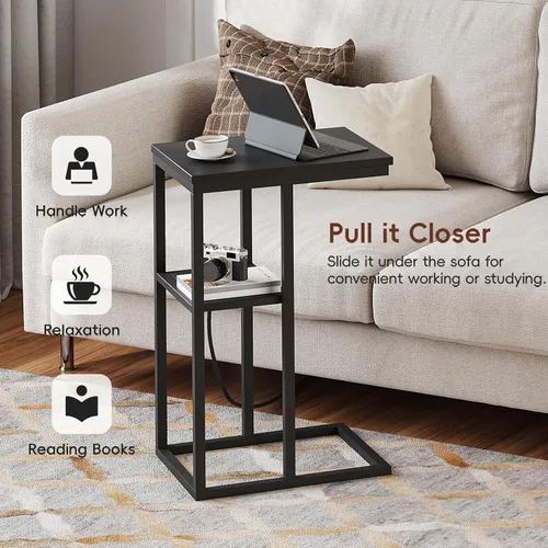 Vista 6 de Vagusicc Mesa auxiliar en forma de C con estación de carga, mesa auxiliar pequeña para sofá, mesa auxiliar de aperitivos con puertos USB y salidas