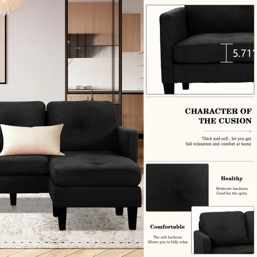 Vista 3 de LEISU Sofá modular convertible, sofá en forma de L, moderno juego de sofá con diván reversible para sala de estar pequeña y apartamento (negro mate)