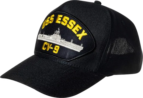 Vista 2 de Gorra de béisbol azul marino del USS Essex CV-9 de la Armada de los Estados Unidos con emblema del emblema del buque, Azul marino