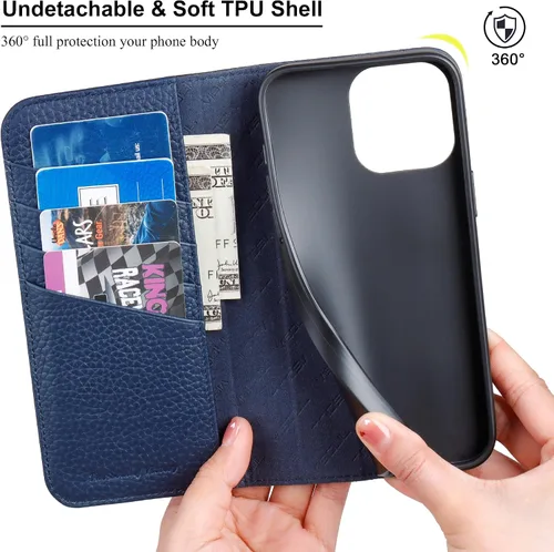 Vista 8 de VISOUL Pebbled - Funda de piel auténtica para iPhone 15 Pro Max con tarjetero y función atril magnético para iPhone 15 Pro Max (6.7 pulgadas)