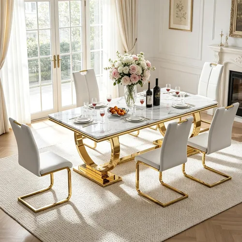 Vista 44 de Juego de mesa de comedor de mármol para 4, mesa de cocina rectangular de mármol blanco de 70 pulgadas con base en O de acero inoxidable dorado