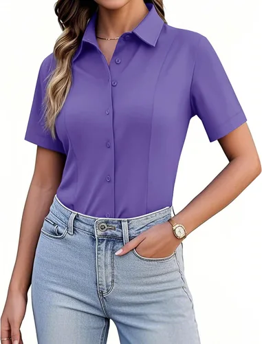 Vista 20 de Siliteelon Camisetas de Botón para Mujer, Ajustadas, de Manga Corta, Elásticas, Camisa de Vestir, Sin Arrugas, Sólida, Blusa de Trabajo