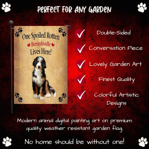 Vista 5 de Doggie of the Day GFLAG61128 - Banderas de jardín con perro de Bernedoodle podrido, para exteriores, doble cara, patio, porche, césped, primavera