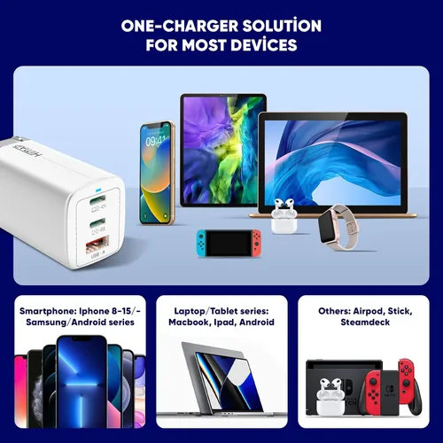 Vista 6 de Cargador USB C de 65 W, GaN Pro PD de carga rápida, plegable, 3 puertos compatibles con iPhone 15, 14 Pro, MacBook, Samsung, laptop, dispositivos