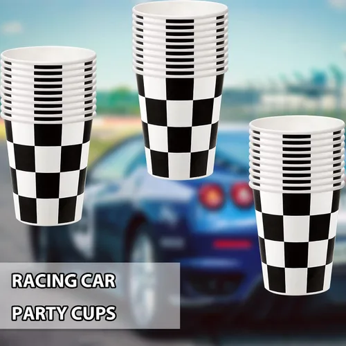 Vista 6 de 30 tazas de papel a cuadros para fiestas de coches de carreras en blanco y negro, para fiestas de cumpleaños temáticas de carreras