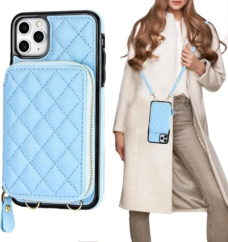 Vista 16 de Bocasal Funda tipo cartera cruzada para iPhone 11 Pro Max, con bloqueo RFID, de piel sintética, con cremallera, funda tipo cartera con función atril