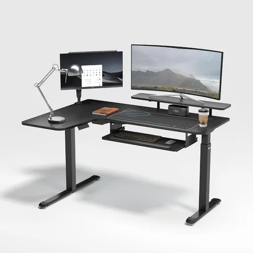 Vista 19 de EUREKA ERGONOMIC Escritorio eléctrico de pie en forma de L de 55 pulgadas, escritorio para juegos de computadora de altura ajustable con bandeja