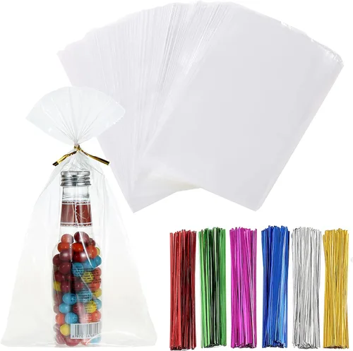 Vista 12 de 200 bolsas de celofán planas de celofán de 4 x 9 pulgadas, transparentes y gruesas, con lazos torcidos de 6 colores, embalaje, galletas, dulces