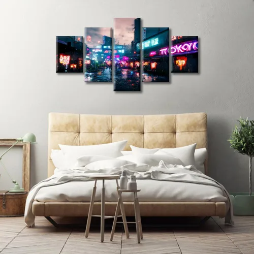 Vista 268 de Cuadros de 5 paneles de Cyberpunk City, arte de pared, representación de vallas publicitarias, edificios modernos en la capital con obras de arte