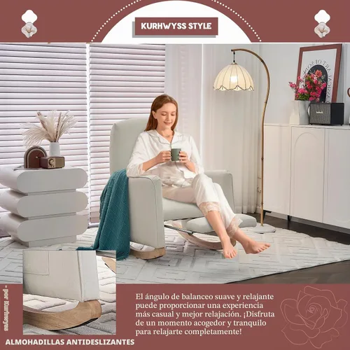 Vista 7 de Mecedora moderna para guardería, cómoda silla de guardería con reposapiés, mecedora tapizada con bolsillo, sillón de lectura con base de madera