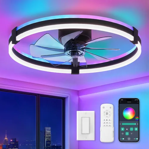Vista 10 de ZMISHIBO Ventiladores de techo RGB de bajo perfil de 20" con luces y Gris RGB