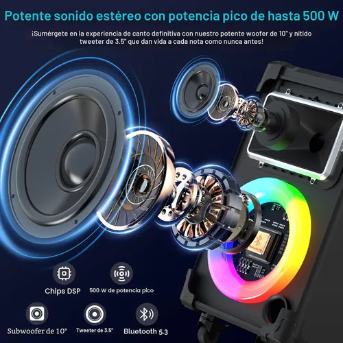 Vista 2 de JYX Máquina de karaoke con 2 micrófonos inalámbricos, woofer de 10 pulgadas, 500 W, potencia máxima, altavoz Bluetooth portátil grande con ajuste