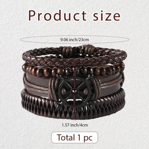 Vista 2 de GORGECRAFT Handmade PU Leather Bracelets Flat Round Braided Cuff Bangle Multi Layers Wood Beads Wrap Bracelet