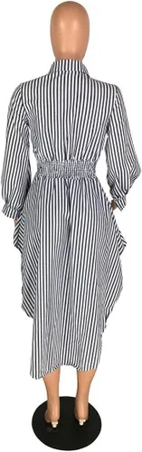 Vista 3 de Ophestin Blusa de manga larga con estampado de rayas para mujer, ajustada, asimétrica, con botones