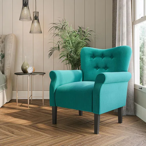 Vista 9 de BELLEZE Silla decorativa moderna, sillón de respaldo alto, silla lateral tapizada con respaldo alado, sofá individual acolchado con patas de madera