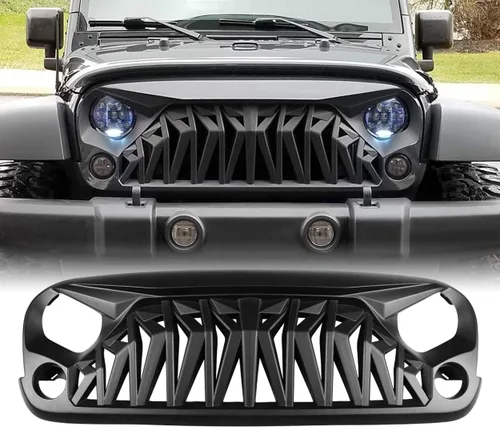 Vista 7 de JK Parrilla frontal de tiburón negro brillante compatible con Jeep Wrangler Rubicon Sahara Sport 2007-2018, ABS
