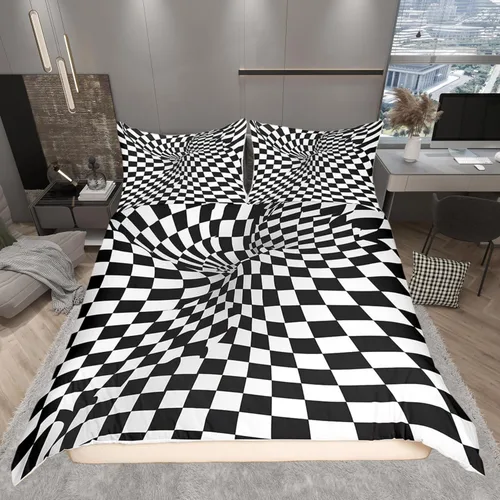 Vista 23 de Castle Fairy Funda de edredón de cuadrícula negra y blanca para niños, niñas, funda de edredón de abstracción visual, tamaño matrimonial, juego