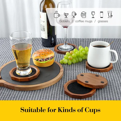 Vista 2 de Posavasos de Madera para Bebidas Absorbentes con Borde, 4.3 Pulgadas Posavasos Rústicos de Acacia Negra con Soporte de Feltro para Mesa de Café