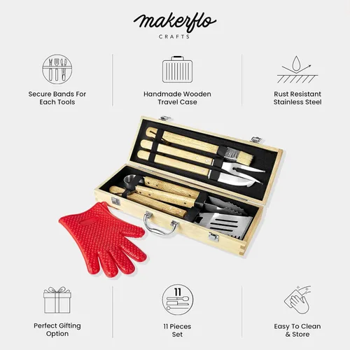 Vista 6 de Makerflo Juego de accesorios para parrilla de barbacoa, caja de herramientas de madera de arce, utensilios de acero inoxidable con guantes, kit