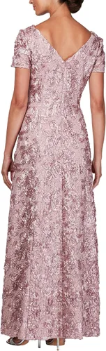 Vista 2 de Alex Evenings Vestido largo de manga casquillo de encaje con roseta para mujer