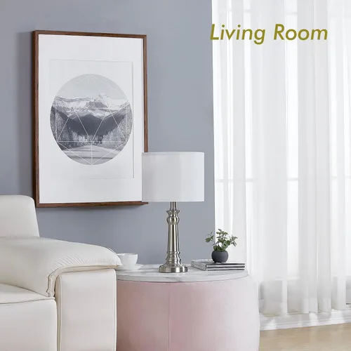 Vista 3 de Lámparas de mesa para sala de estar, juego de 2 lámparas modernas para dormitorio con base de metal de níquel, pantallas redondas blancas