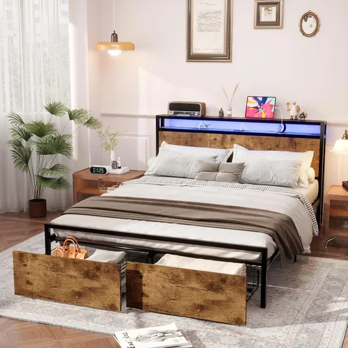 Vista 14 de Kiivakii Base de cama de tamaño matrimonial con cabecero, plataforma LED con 4 cajones de almacenamiento, estación de carga integrada, sin ruido