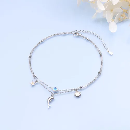 Vista 4 de FLYOW - Cadena para el tobillo para mujeres, plata Sterling S925, ajustable, con cuentas, diseño de corazón