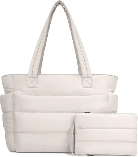 Vista 24 de TOPDesign Bolsa Tote Acolchada para Mujer, Bolso de Mano Ligero Inflado con Compartimentos, Bolsa de Hombro Acolchada para Trabajo, Viajes, Gimnasio