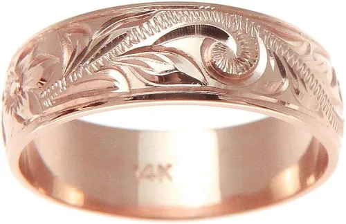 Vista 3 de Anillo de oro rosa de 14 quilates grabado a mano de plumeria hawaiana con borde liso 0.236in