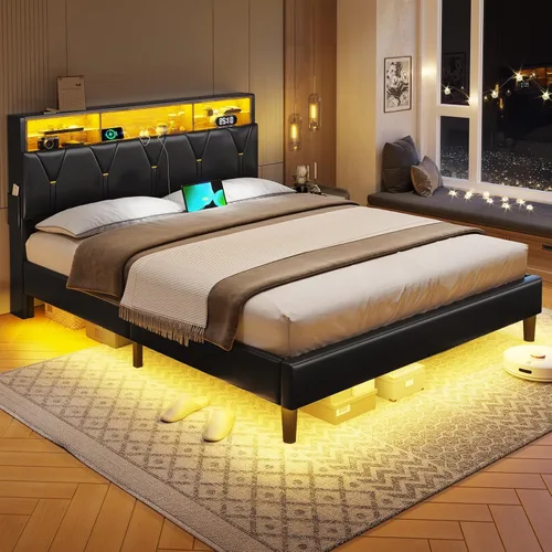 Vista 7 de BTHFST Marco de cama tamaño completo con luces LED y estación de carga, marco de cama LED tamaño completo con almacenamiento de cabecero, cama