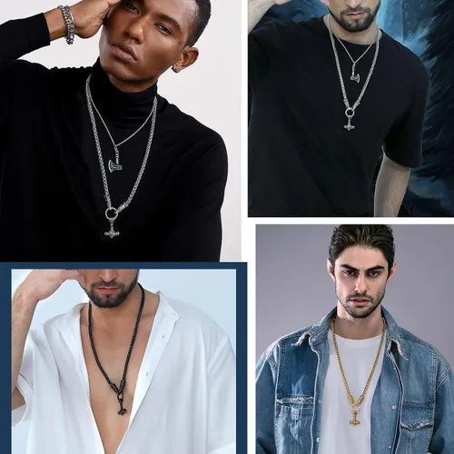 Vista 2 de PROSTEEL Thor Hammer/Thor Axe/Raven/Odin Necklace for Men Women Negro