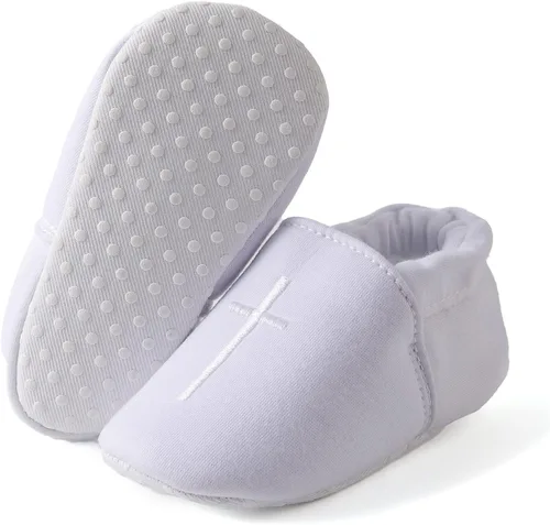 Vista 2 de KESICI Zapatos de bautismo para bebés niños y niñas, zapatos de bautizo blancos para recién nacidos con cruz bordada para bebés niños y niñas