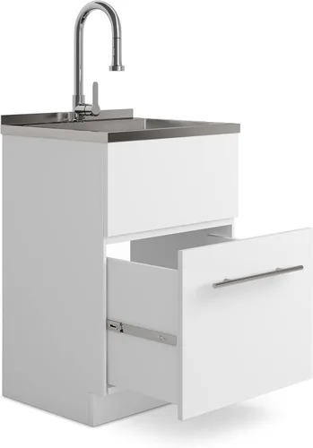 Vista 4 de SIMPLIHOME Metro - Lavabo y gabinete de lavandería todo en uno de 24 pulgadas de ancho en acabado blanco puro, gabinete de fregadero de acero