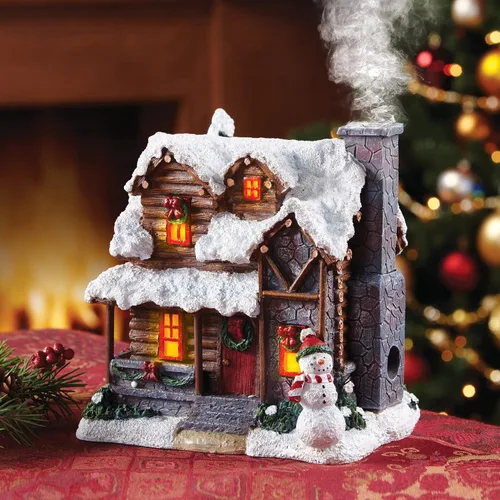 Vista 2 de Quemador de incienso con diseño de cabaña campestre en Navidad con humo de chimenea