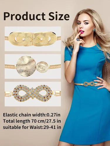 Vista 6 de onenine Cinturón de oro para vestido de mujer, cinturón de cadena colgante elástico, cinturón de cadena de oro, oro y plata