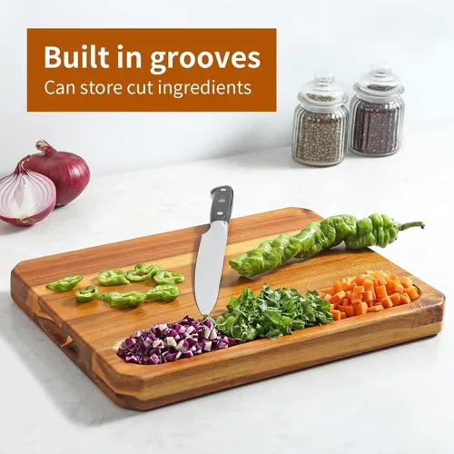 Vista 3 de Tabla de cortar grande de madera para cocina con asas para jugo, tabla de cortar, tabla de queso y tabla de embutidos (tabla de cortar rayada)