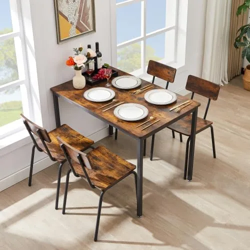 Vista 9 de anwickjeff Juego de mesa de comedor para 4 mesas de bar y sillas, juego de 5 piezas de mesa de cocina rectangular de madera de metal industrial y 4