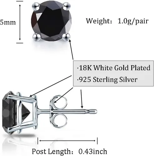 Vista 7 de Solitaire - Aretes redondos de plata de ley 925 de ónix negro chapado en platino, joyería fina para mujeres y hombres