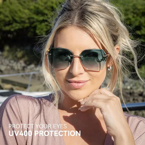 Vista 26 de ZENOTTIC Lentes de sol sin montura de gran tamaño para mujer, diseño geométrico de corte de diamante, lentes degradados, protección UV, tonos de moda