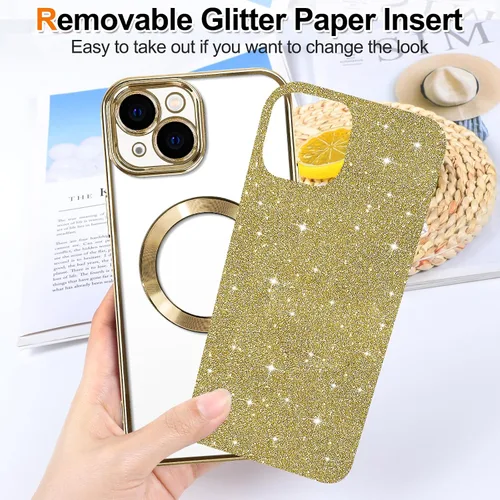 Vista 26 de Hython para iPhone 15 Plus Funda con chispas brillantes, Fundas transparentes magnéticas con protector de lente de cámara [Compatible con MagSafe]