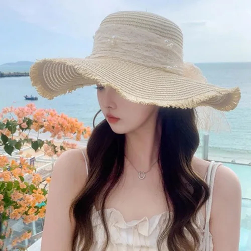Vista 4 de Women hat Floppy Wide Brim Summer Beach Straw UPF Sun Fisherman's Cold Beige 1