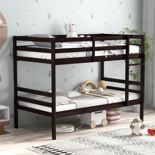 Vista 4 de Litera individual sobre individual, marco de cama de madera que ahorra espacio con almacenamiento debajo de la cama, escalera y barandilla Espresso