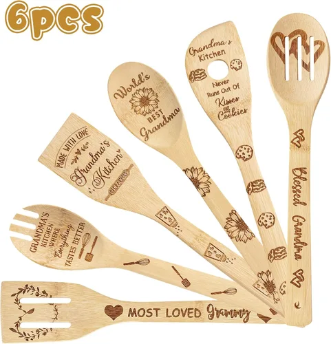 Vista 2 de Haooryx Juego de 6 cucharas de bambú para abuela, utensilios de cocina antiadherentes, utensilios de cocina de bambú quemado, kit de utensilios