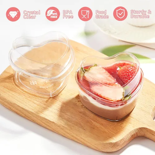 Vista 3 de Paquete de 50 tazas de postre en forma de corazón de 5 onzas con tapas y cucharas, mini tazas de postre para servir en fiestas, parfait, queso